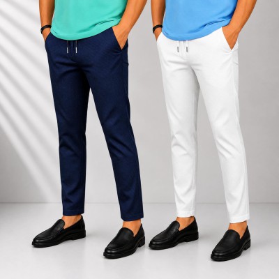 Cot Trouser Combo (White+Navy Blue)